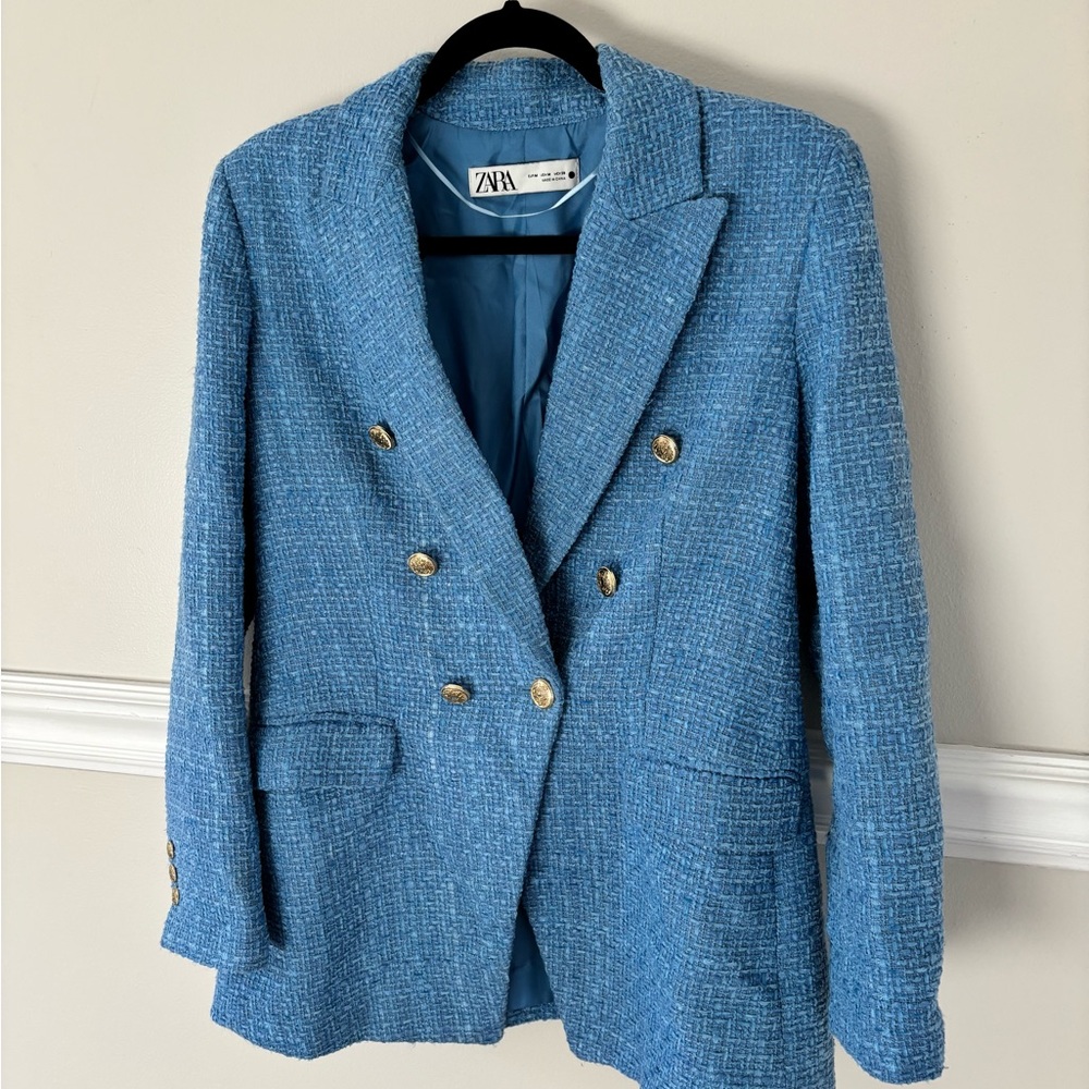Zara Women's Textured Blue Blazer with Gold Buttons